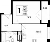1-комн, 36 кв м, этаж 4/9 улица Согласия, 23