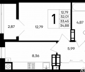 1-комн, 34 кв м, этаж 7/8 улица Согласия, 31