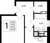1-комн, 40 кв м, этаж 8/9 улица Согласия, 23