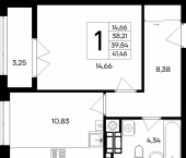 1-комн, 41 кв м, этаж 2/9 улица Согласия, 23